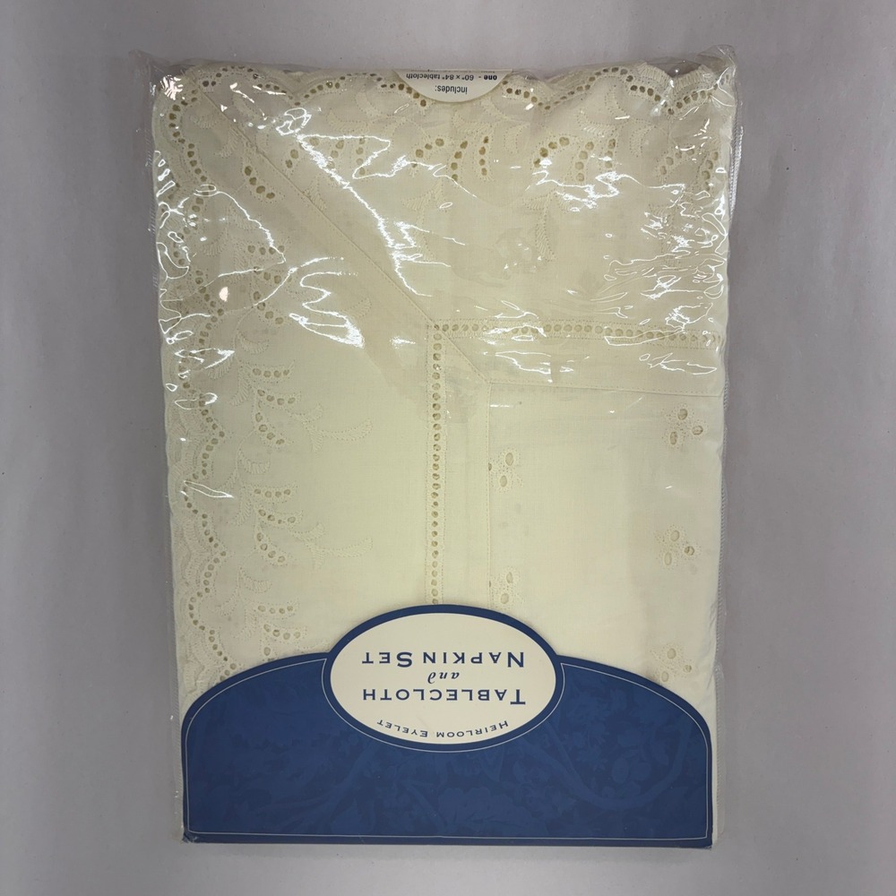 Newbridge Heirloom Eyelet Tablecloth Napkin Set Ivory 60x84‎ NEW Vintage Cotton